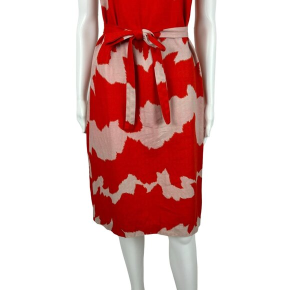 Vintage 80s Sheath Dress Women's Medium Red White Artistic Faux Linen - Picture 7 of 11